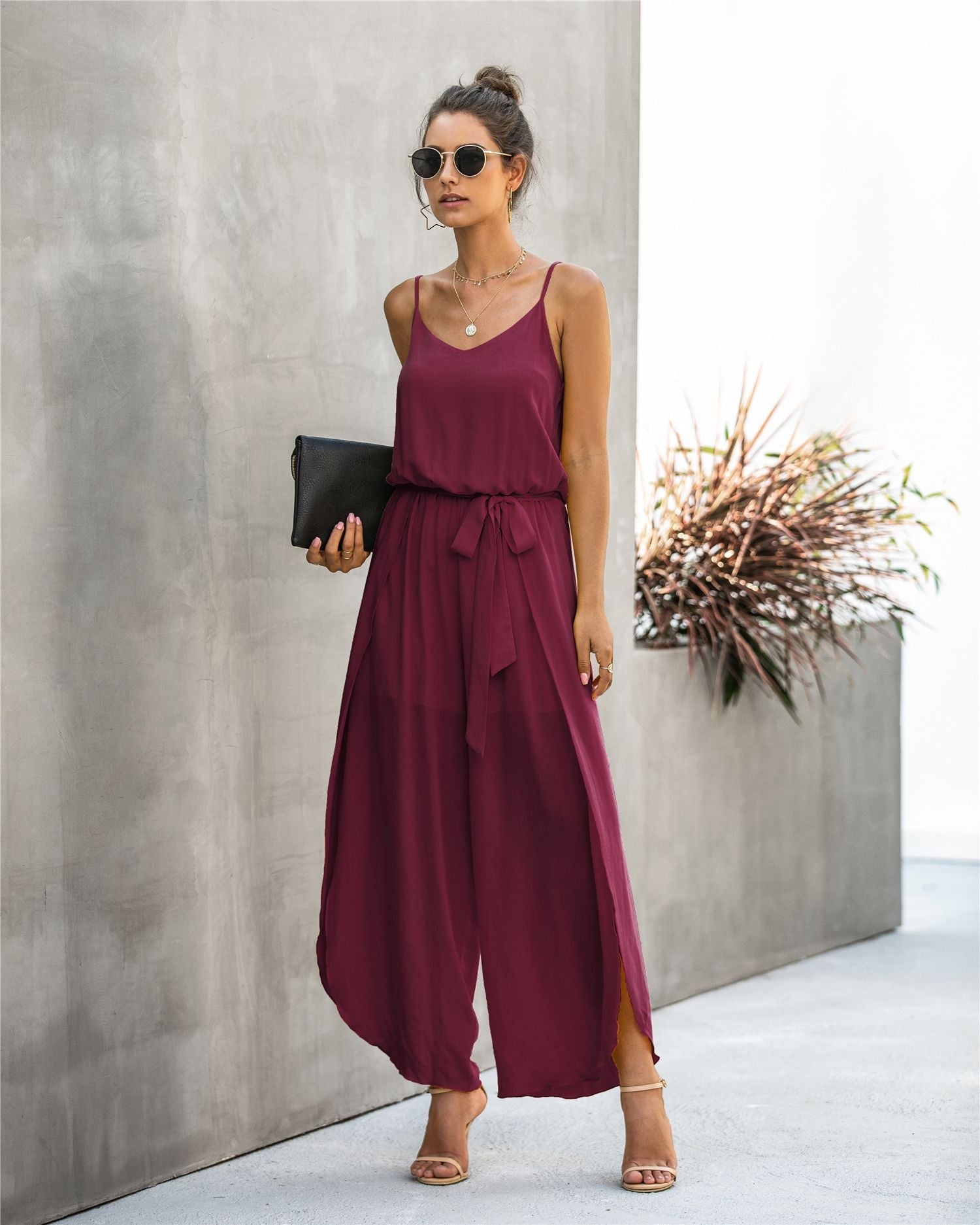 V-neck Suspender Irregular Wide Leg Side Jumpsuit