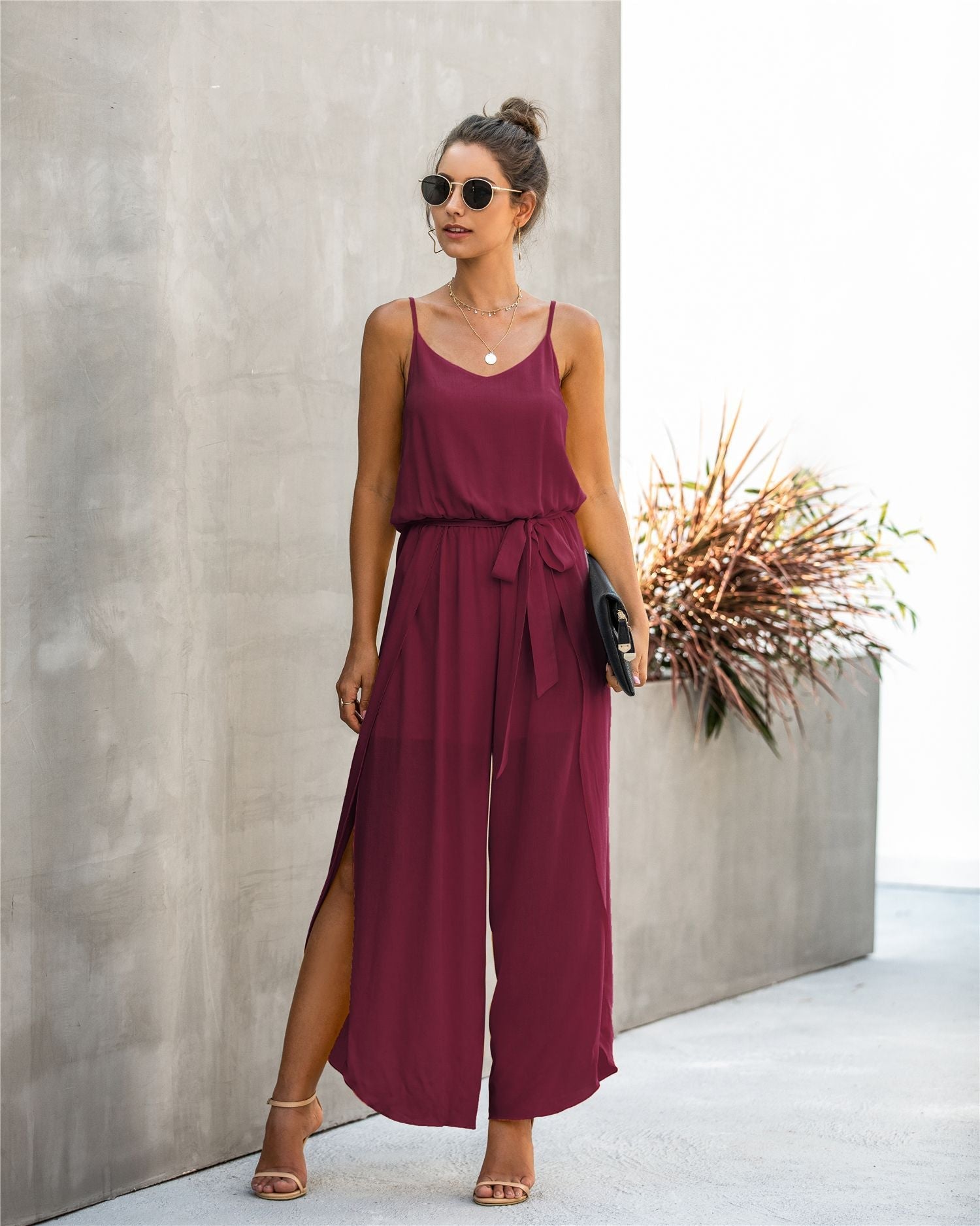 V-neck Suspender Irregular Wide Leg Side Jumpsuit