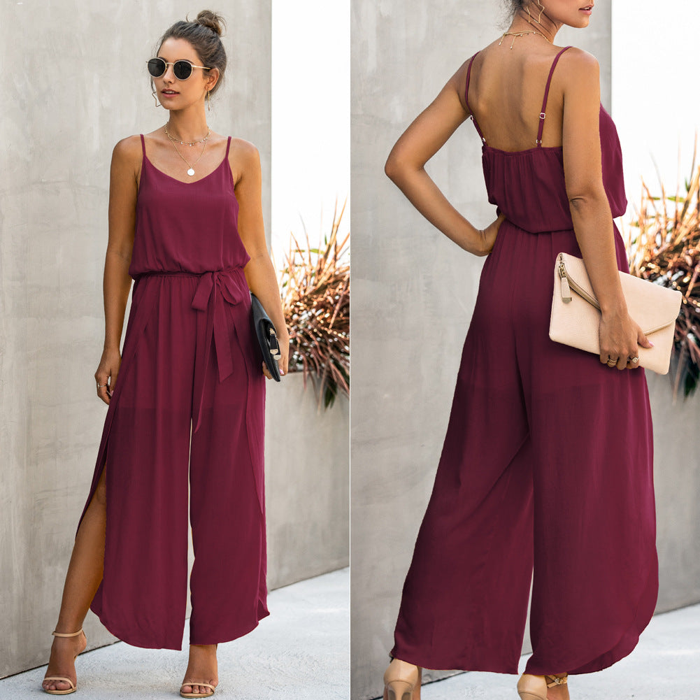 V-neck Suspender Irregular Wide Leg Side Jumpsuit