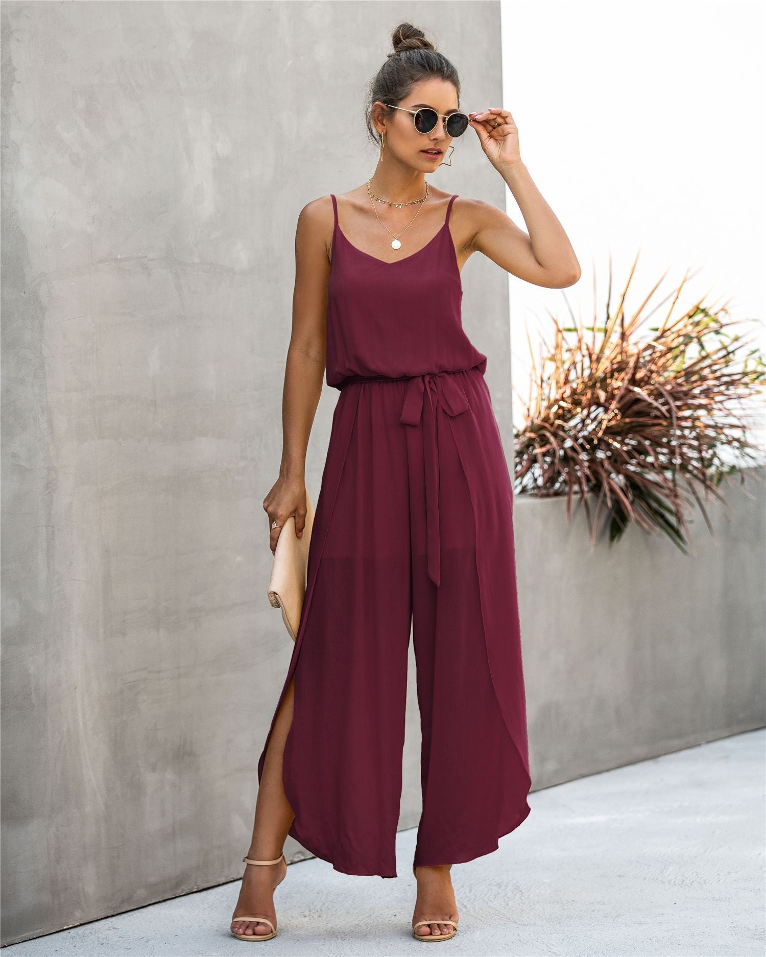 V-neck Suspender Irregular Wide Leg Side Jumpsuit