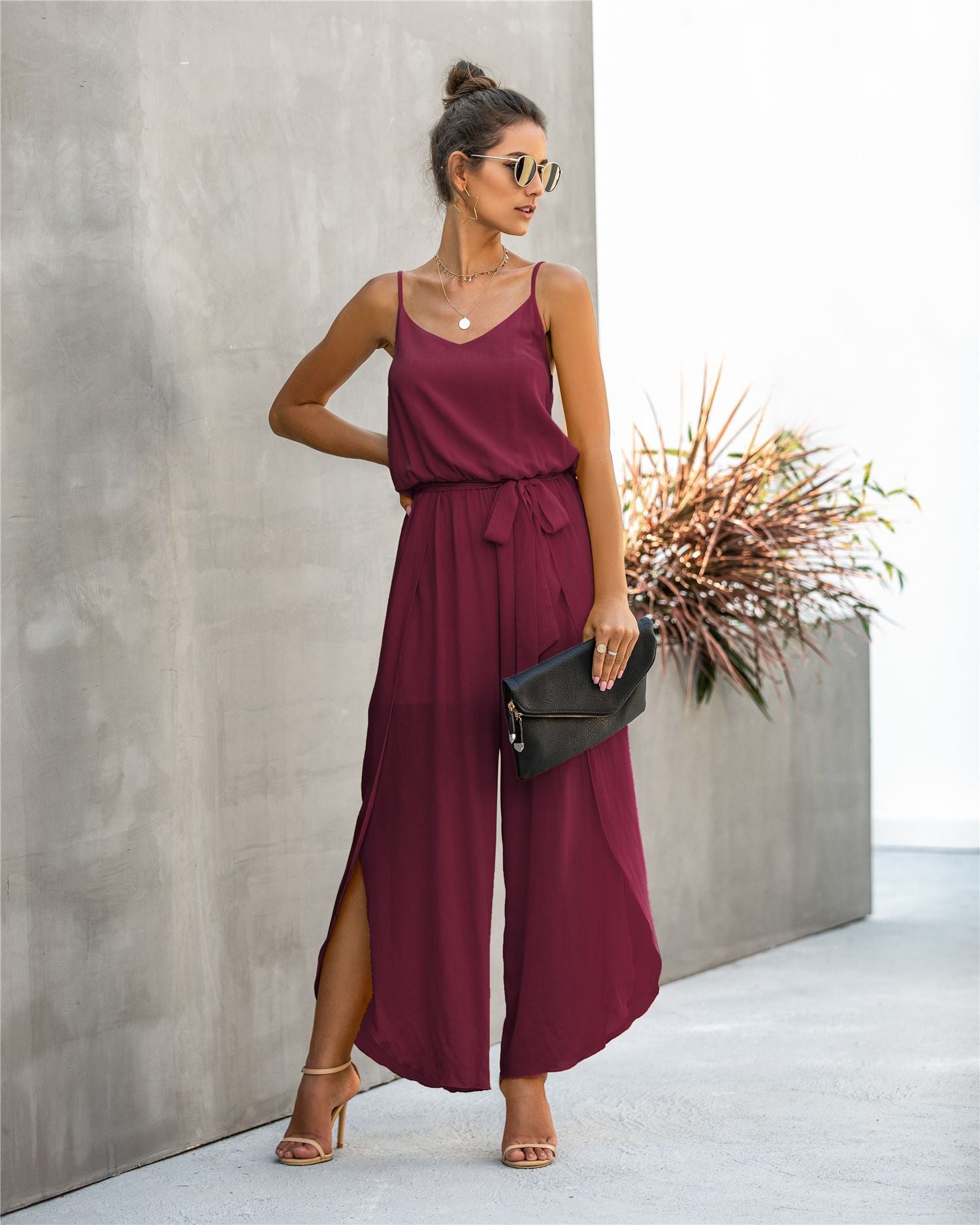 V-neck Suspender Irregular Wide Leg Side Jumpsuit