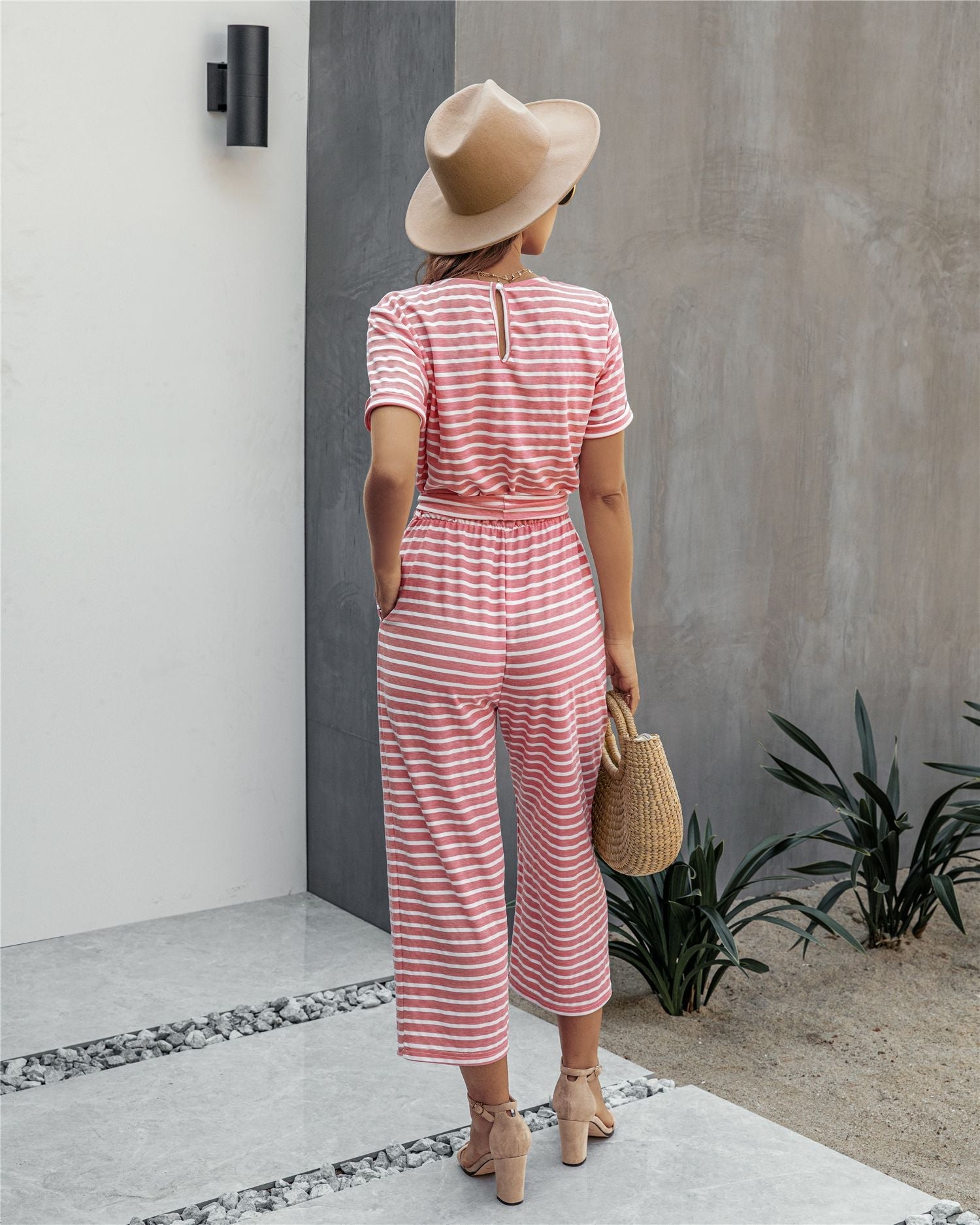Stripe Print Tie Waisted Pocket Jumpsuit