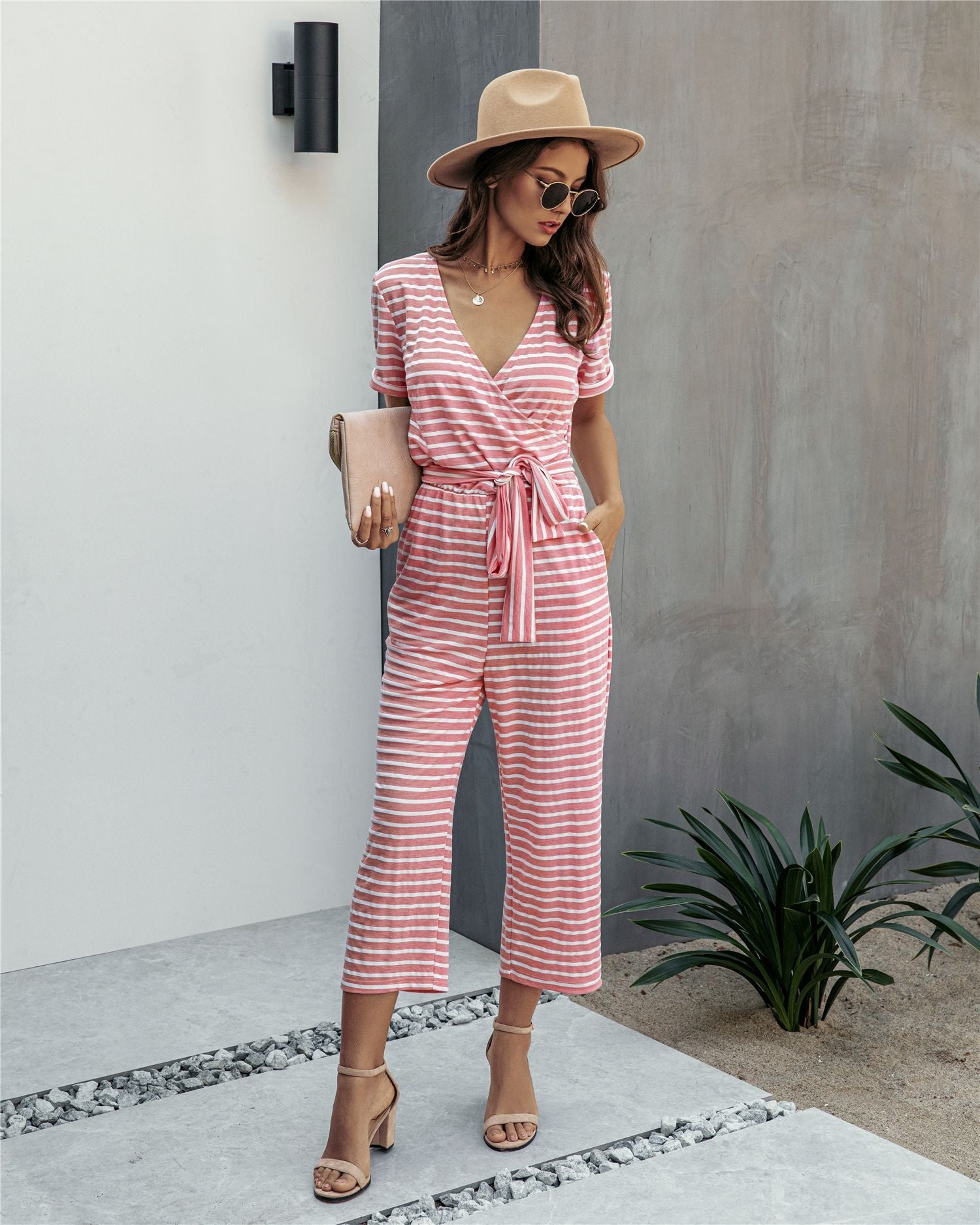 Stripe Print Tie Waisted Pocket Jumpsuit