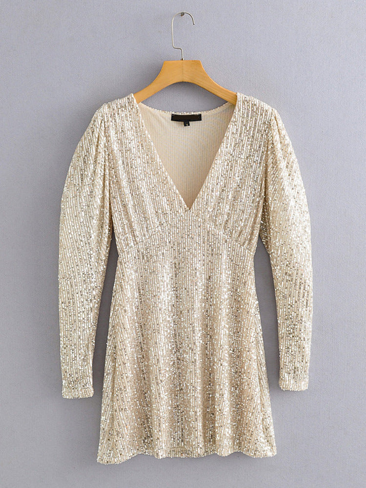 V-neck Sequins Puff Sleeve Party Mini Dresses