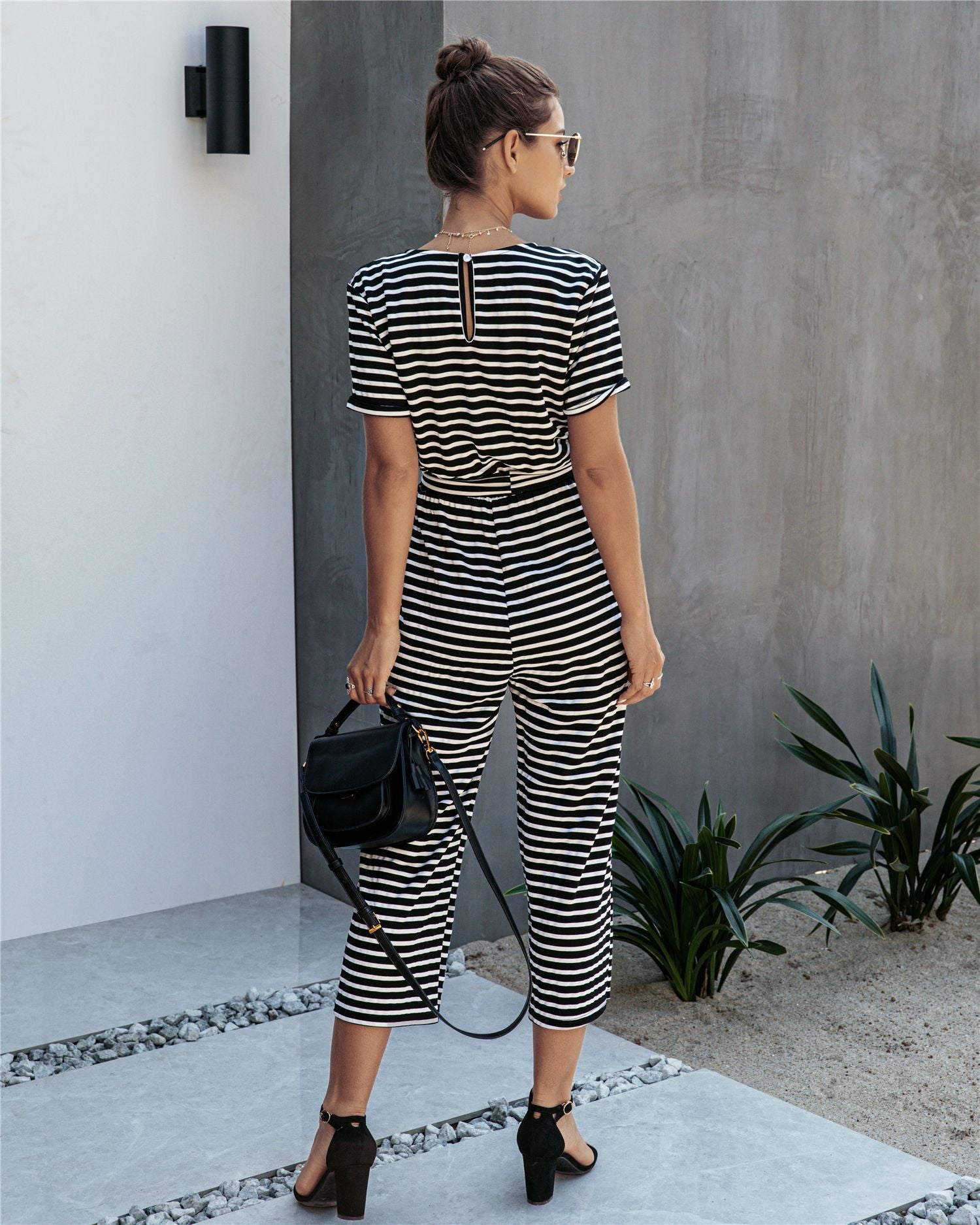 Stripe Print Tie Waisted Pocket Jumpsuit