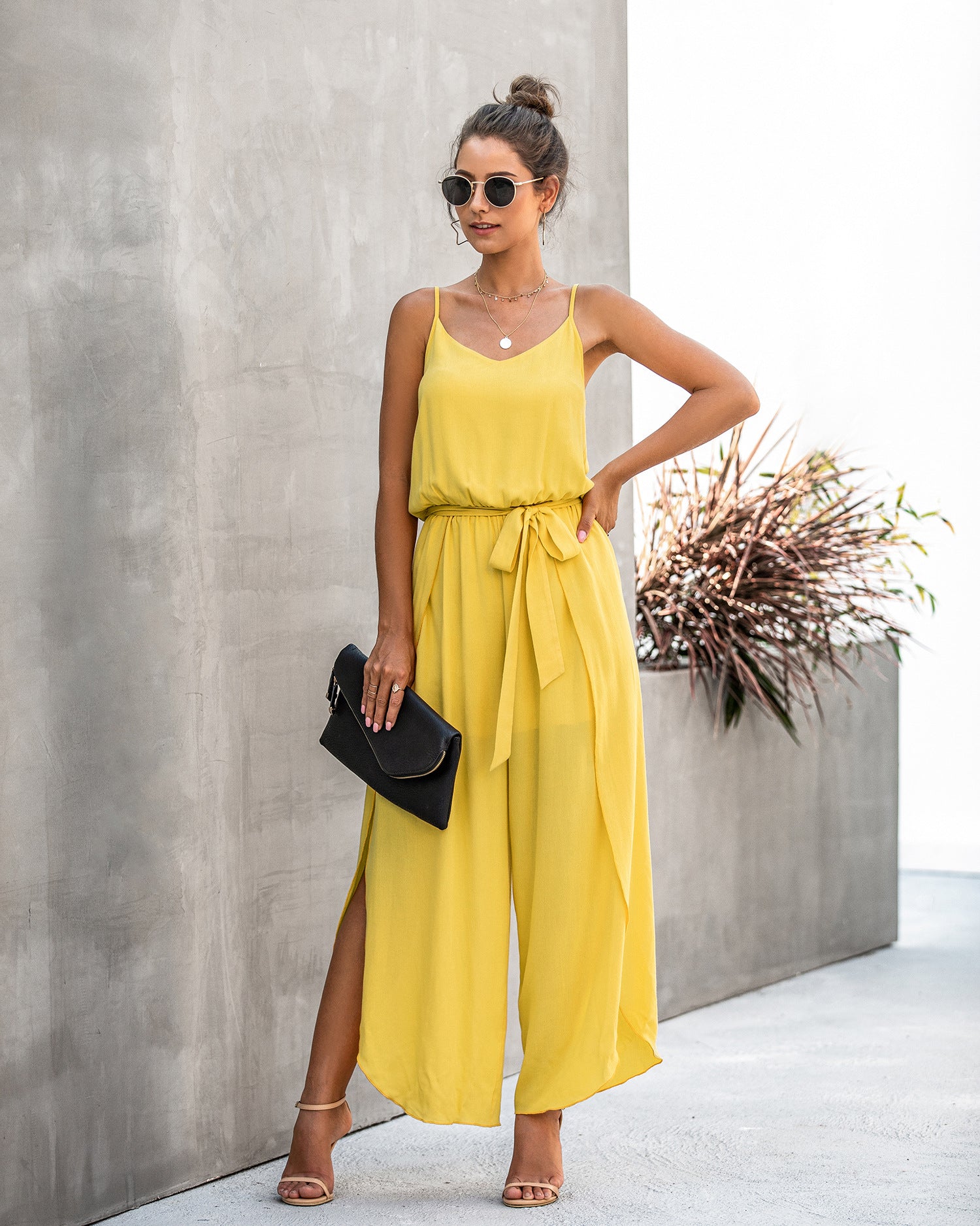 V-neck Suspender Irregular Wide Leg Side Jumpsuit