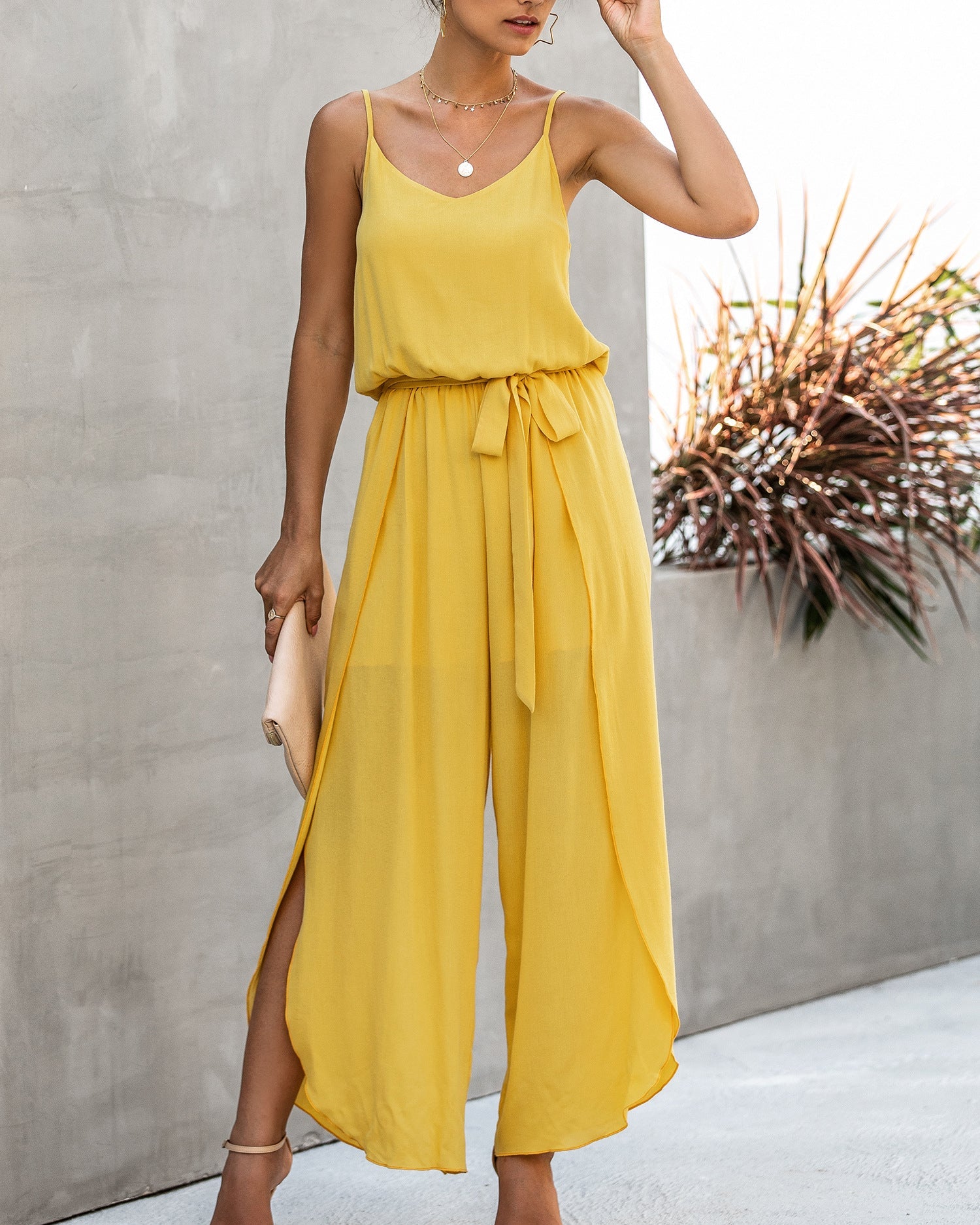 V-neck Suspender Irregular Wide Leg Side Jumpsuit