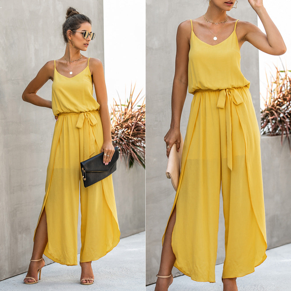V-neck Suspender Irregular Wide Leg Side Jumpsuit