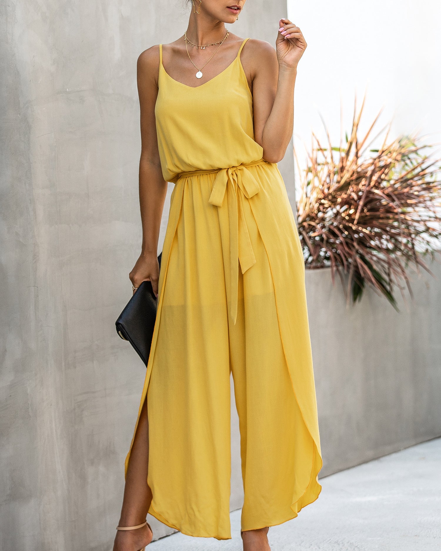 V-neck Suspender Irregular Wide Leg Side Jumpsuit