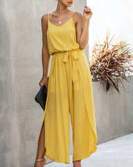 V-neck Suspender Irregular Wide Leg Side Jumpsuit