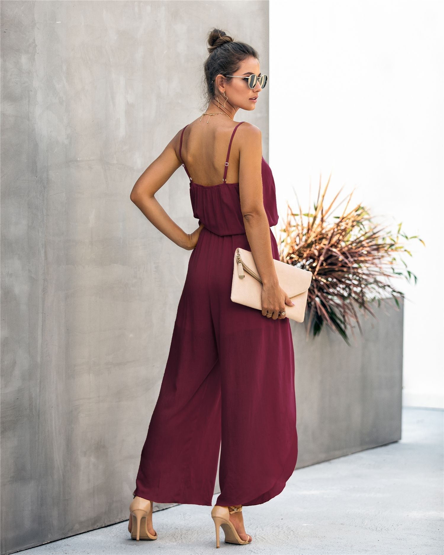 V-neck Suspender Irregular Wide Leg Side Jumpsuit