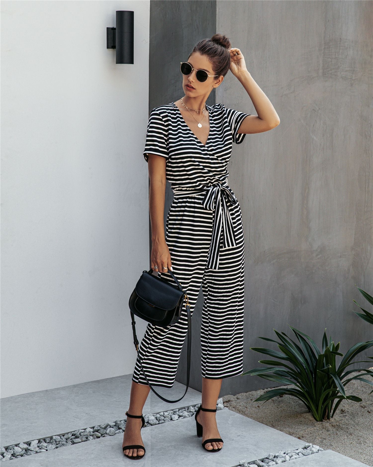 Stripe Print Tie Waisted Pocket Jumpsuit