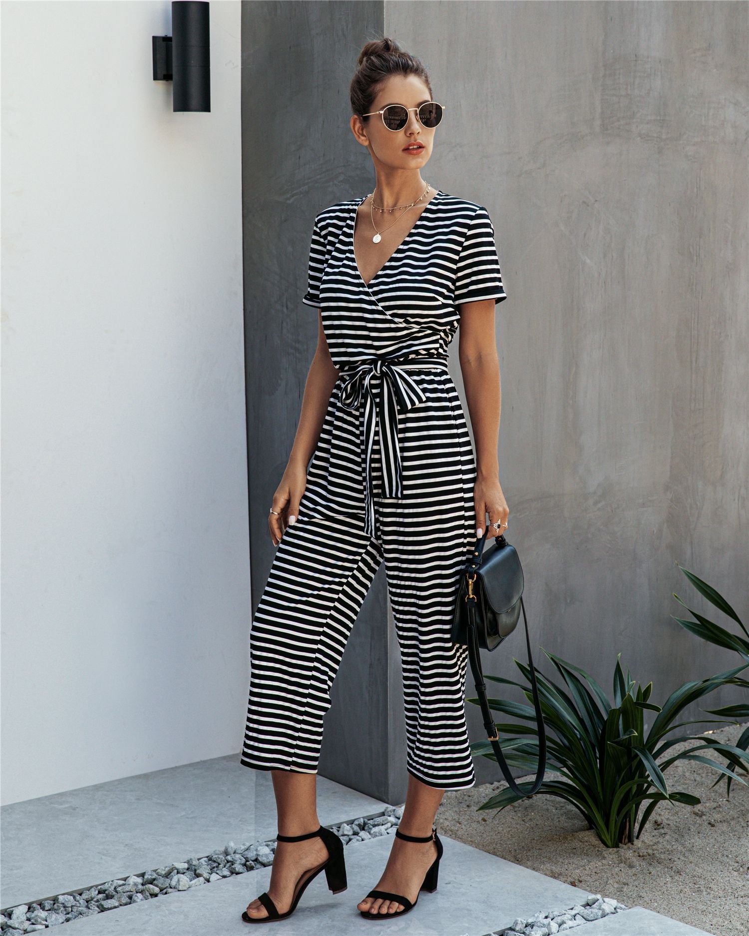 Stripe Print Tie Waisted Pocket Jumpsuit
