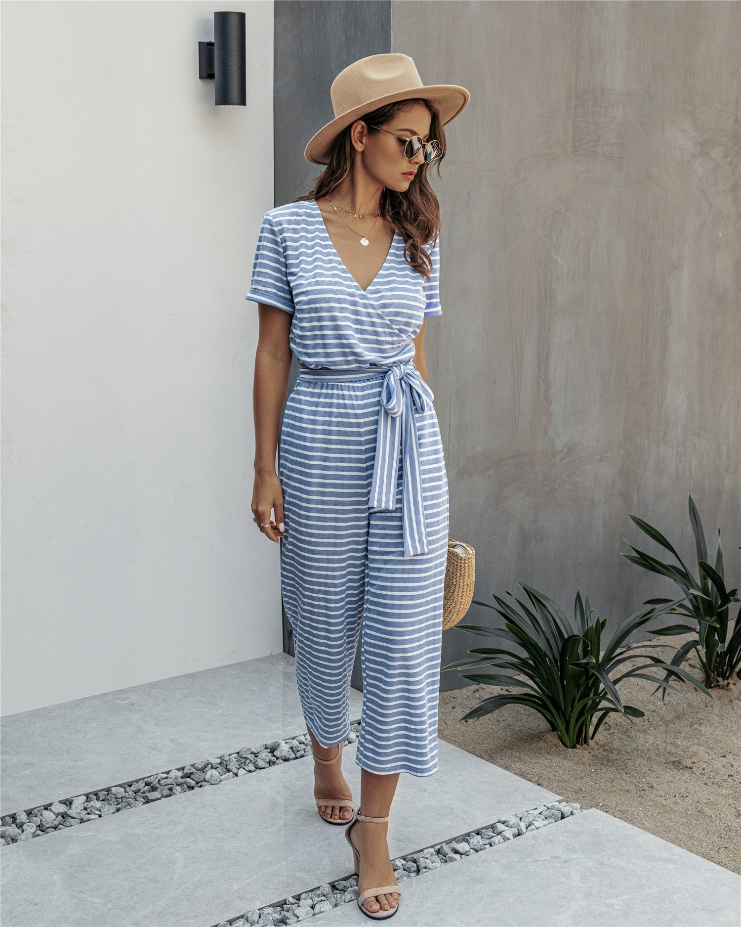 Stripe Print Tie Waisted Pocket Jumpsuit