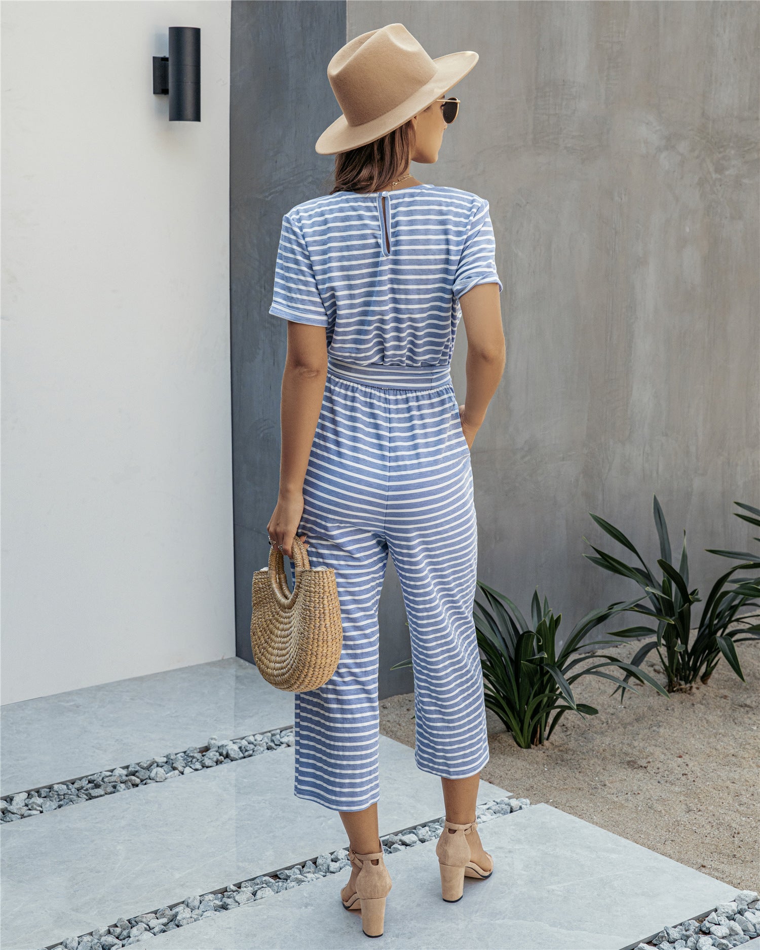Stripe Print Tie Waisted Pocket Jumpsuit