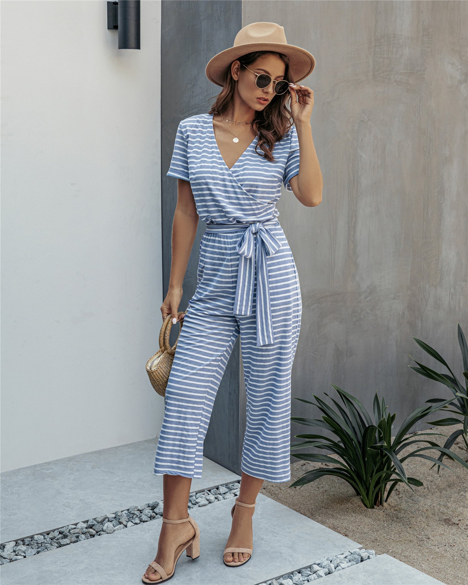 Stripe Print Tie Waisted Pocket Jumpsuit