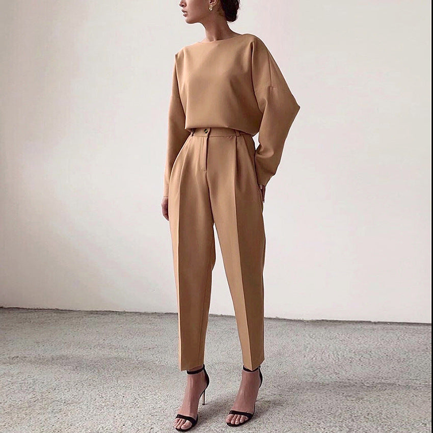 T-shirt And High Waist Cropped Suit Pants Two-piece