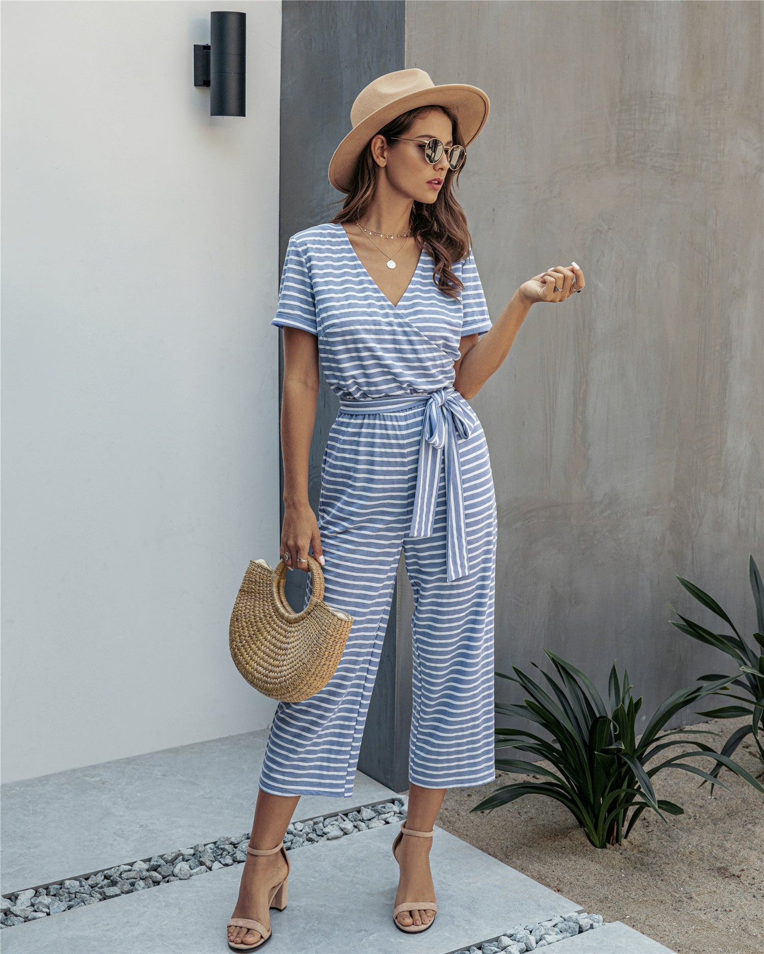 Stripe Print Tie Waisted Pocket Jumpsuit