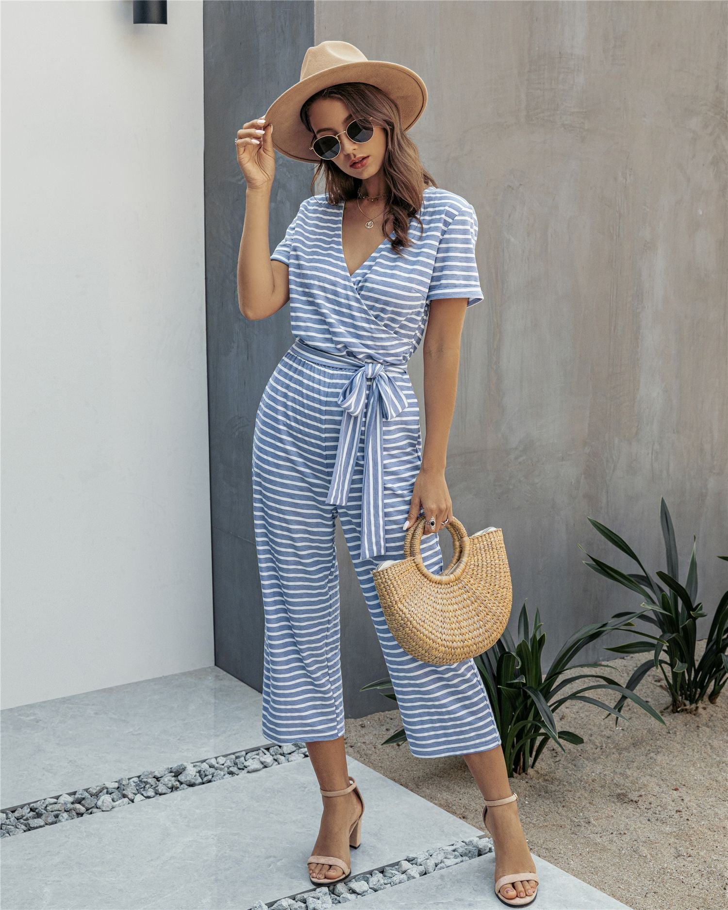 Stripe Print Tie Waisted Pocket Jumpsuit