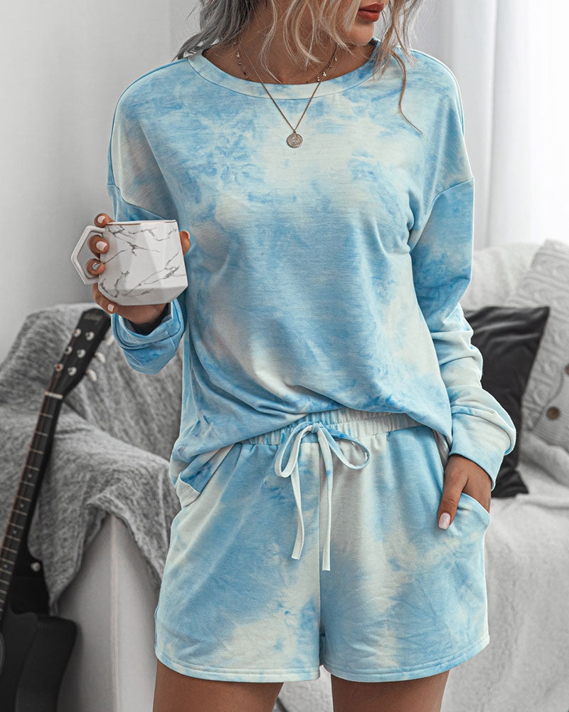 Tie-Dye Two-piece Cotton T-Shirt Lace-up Shorts Loungewear