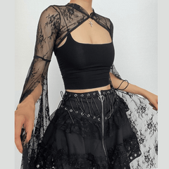 Button flared sleeve lace solid slit shrug crop top