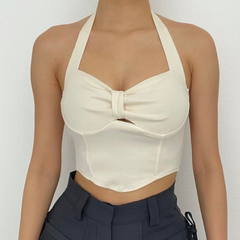 Sleeveless halter solid ribbed bowknot backless ruched crop top
