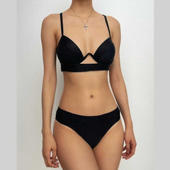 Solid hollow out cross back halter self tie bikini swimwear