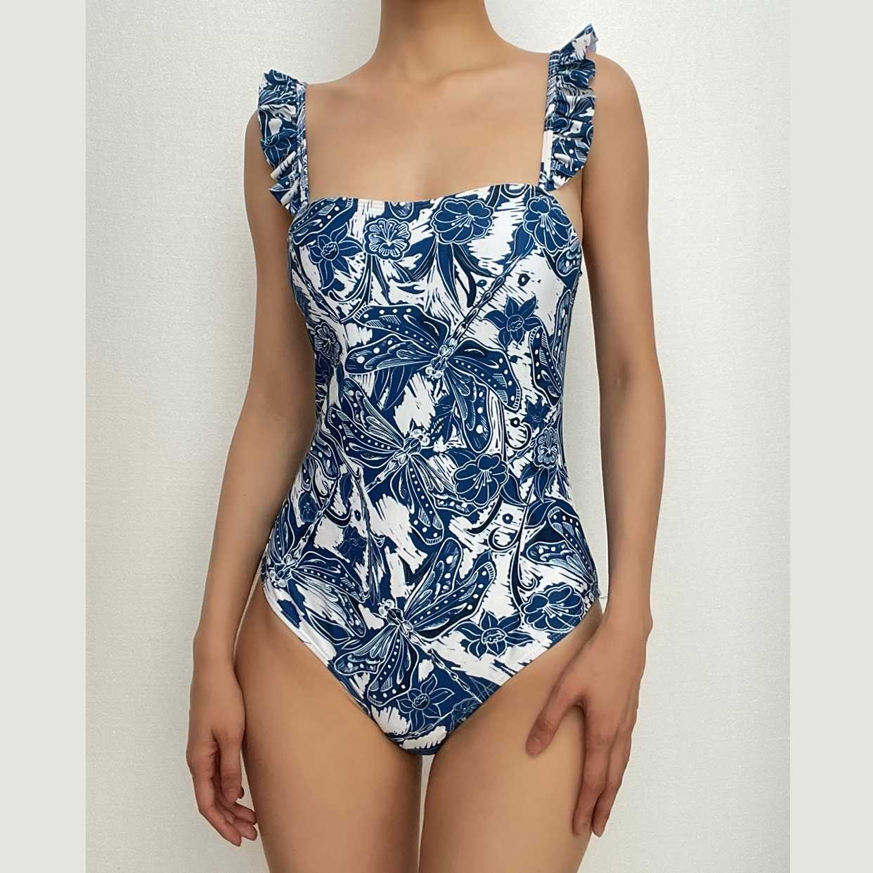 Contrast abstract print ruffle one piece swimwear with beach skirt