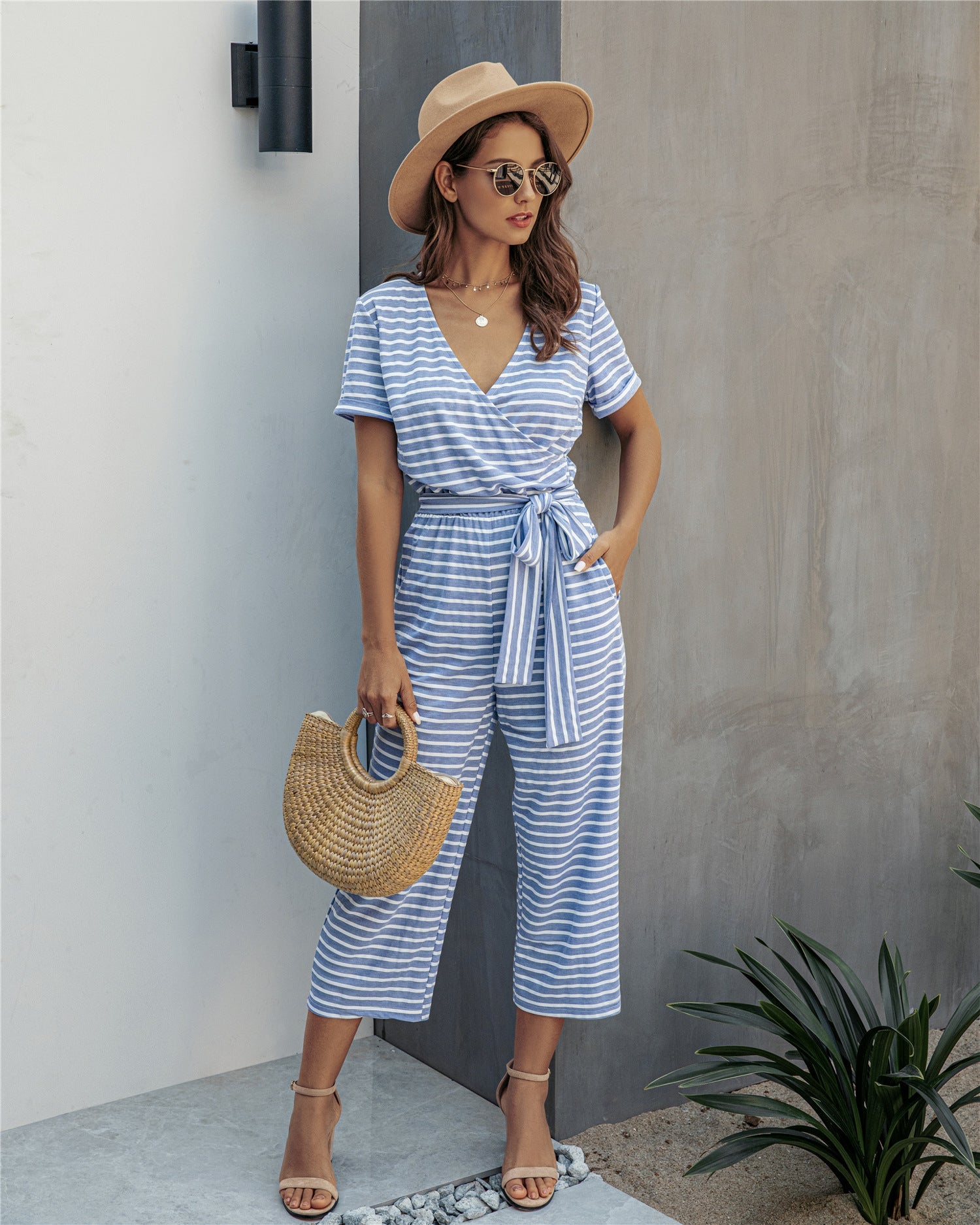 Stripe Print Tie Waisted Pocket Jumpsuit
