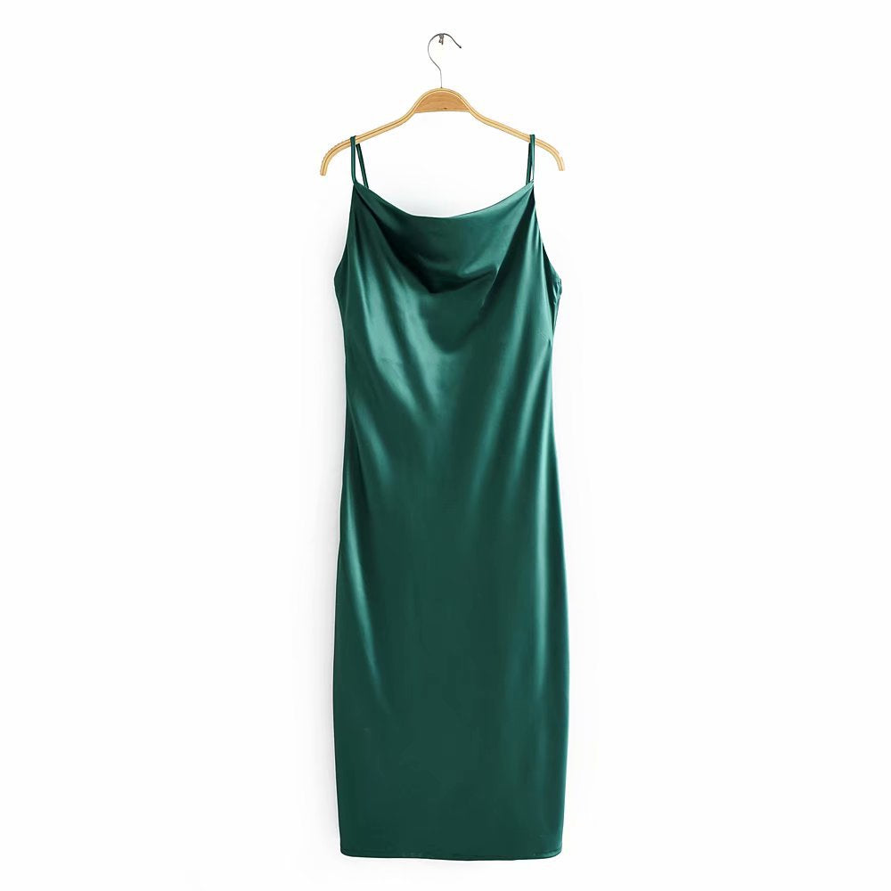 Sling Satin Backless Party Midi Dresses Green