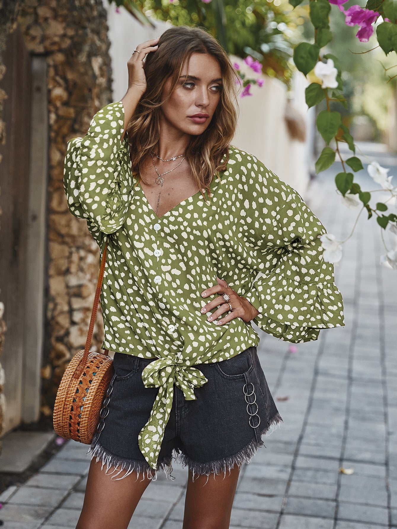 V-neck Printed Floral Tops Lotus Sleeve Polka Dot T-shirt