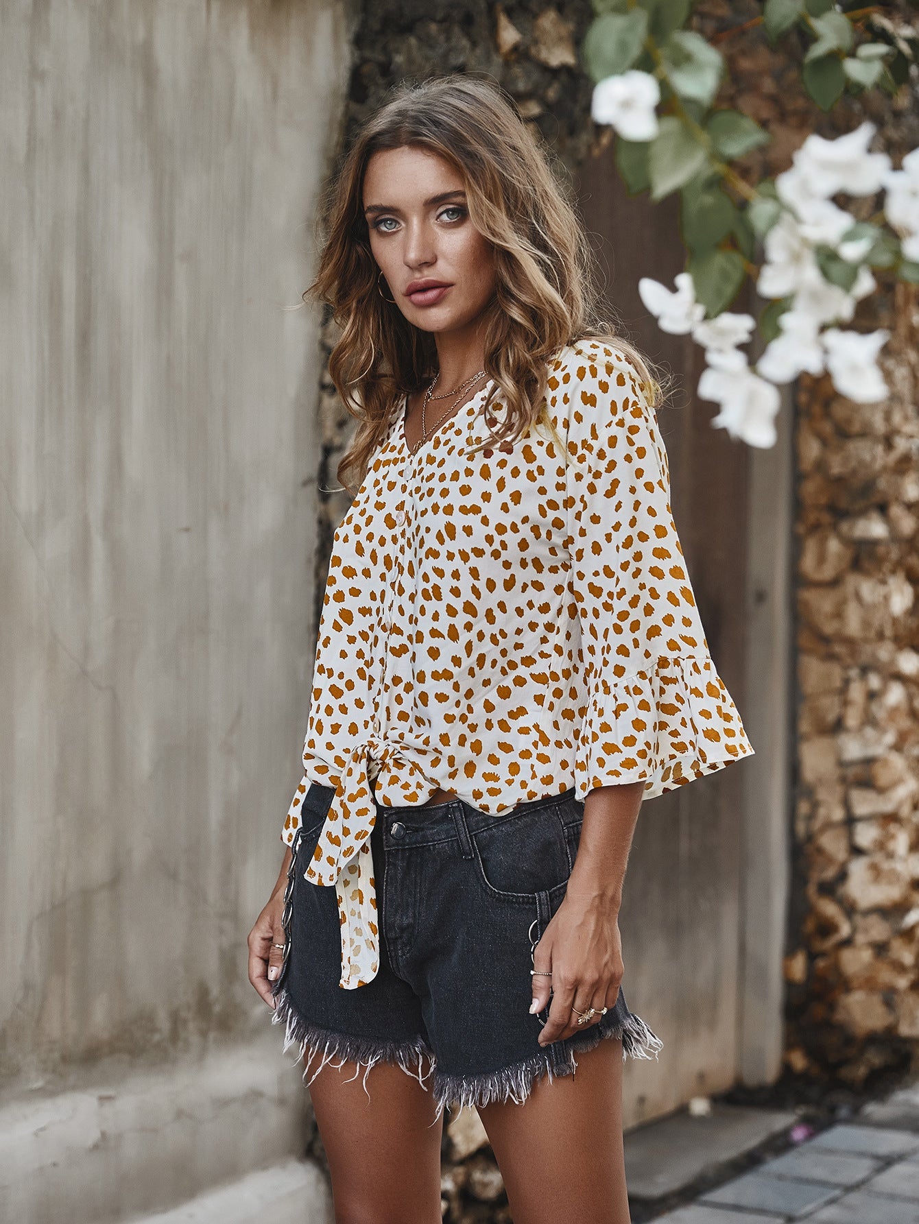 V-neck Printed Floral Tops Lotus Sleeve Polka Dot T-shirt