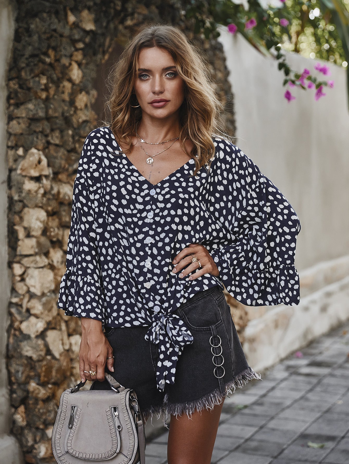 V-neck Printed Floral Tops Lotus Sleeve Polka Dot T-shirt