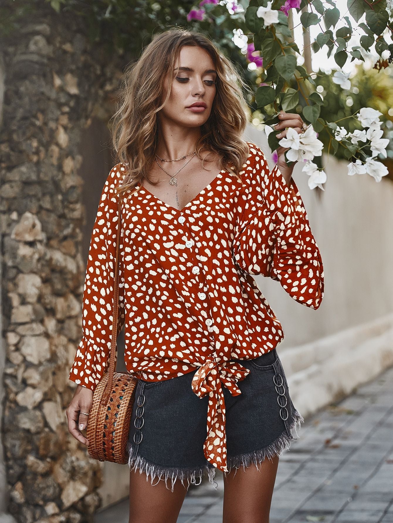 V-neck Printed Floral Tops Lotus Sleeve Polka Dot T-shirt
