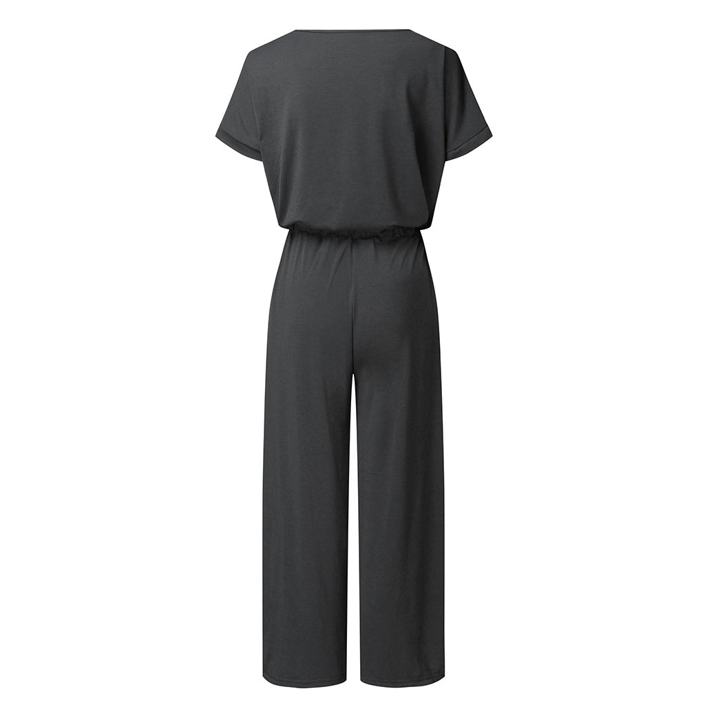 V-neck Elastic Waist Lace-up Jumpsuit Cropped Trousers