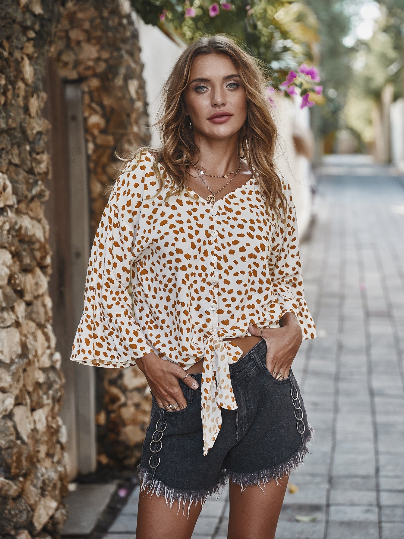 V-neck Printed Floral Tops Lotus Sleeve Polka Dot T-shirt