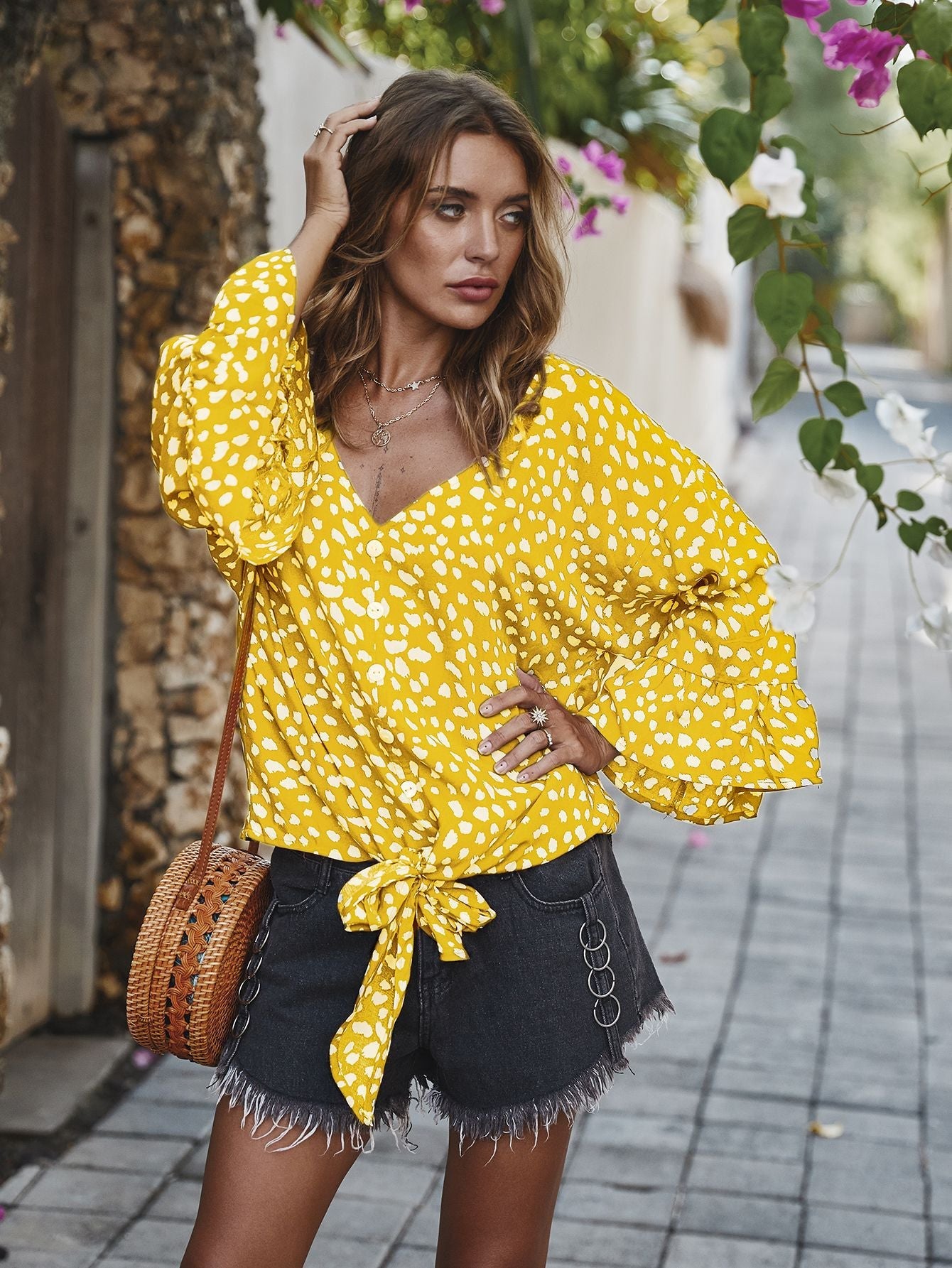 V-neck Printed Floral Tops Lotus Sleeve Polka Dot T-shirt