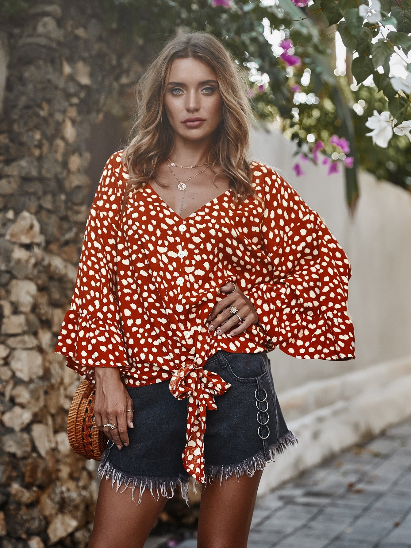 V-neck Printed Floral Tops Lotus Sleeve Polka Dot T-shirt