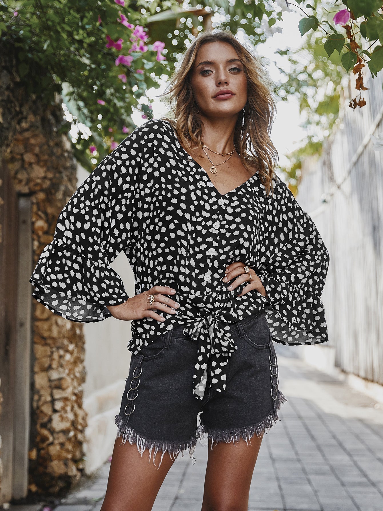 V-neck Printed Floral Tops Lotus Sleeve Polka Dot T-shirt