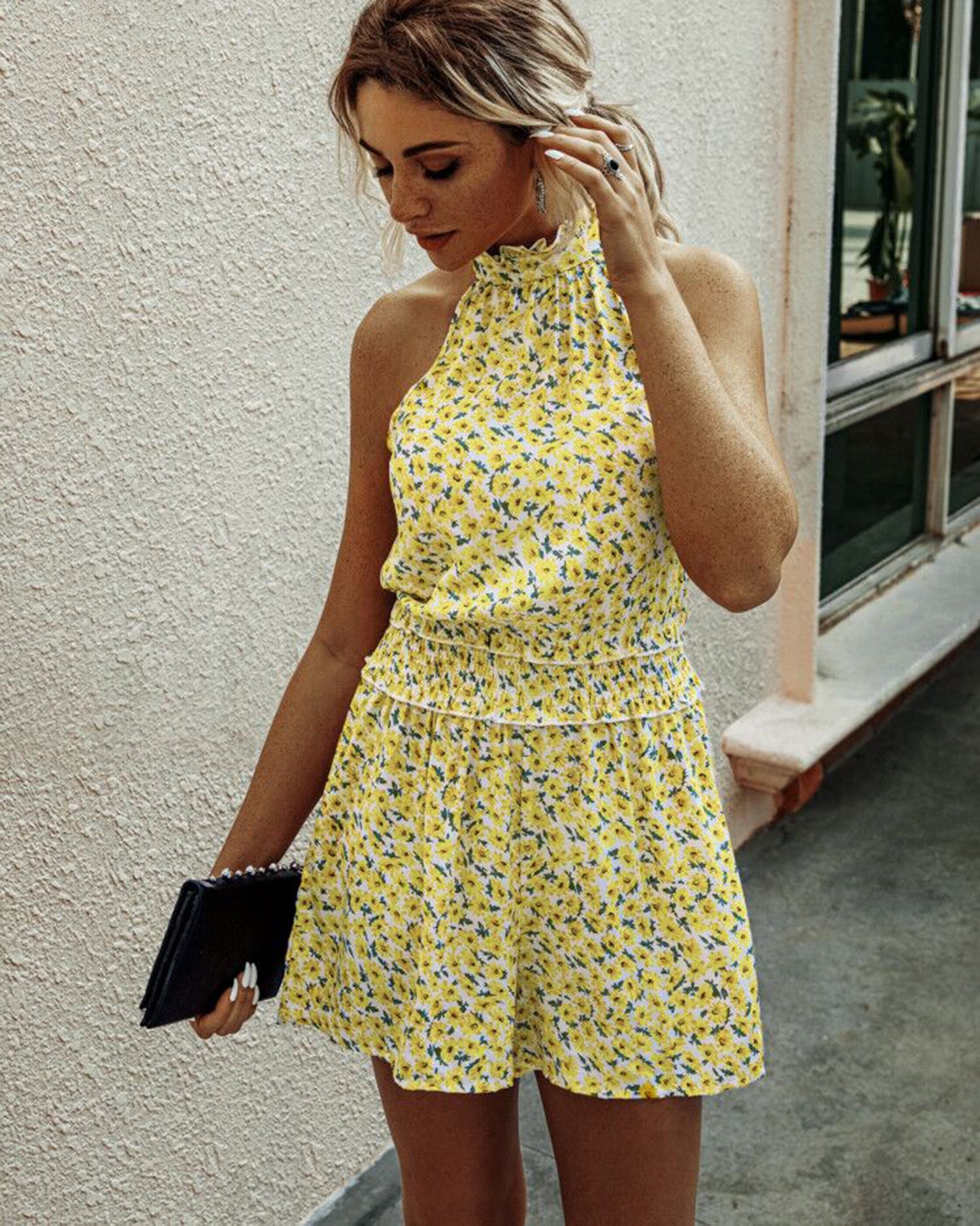 Womens Off Shoulder Halter Strapless Floral Print Jumpsuit Rompers