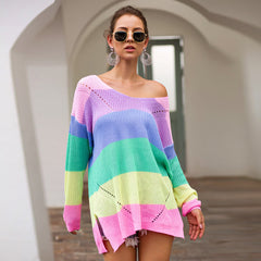 Women's Loose V-neck Rainbow Stripes Long Sweater