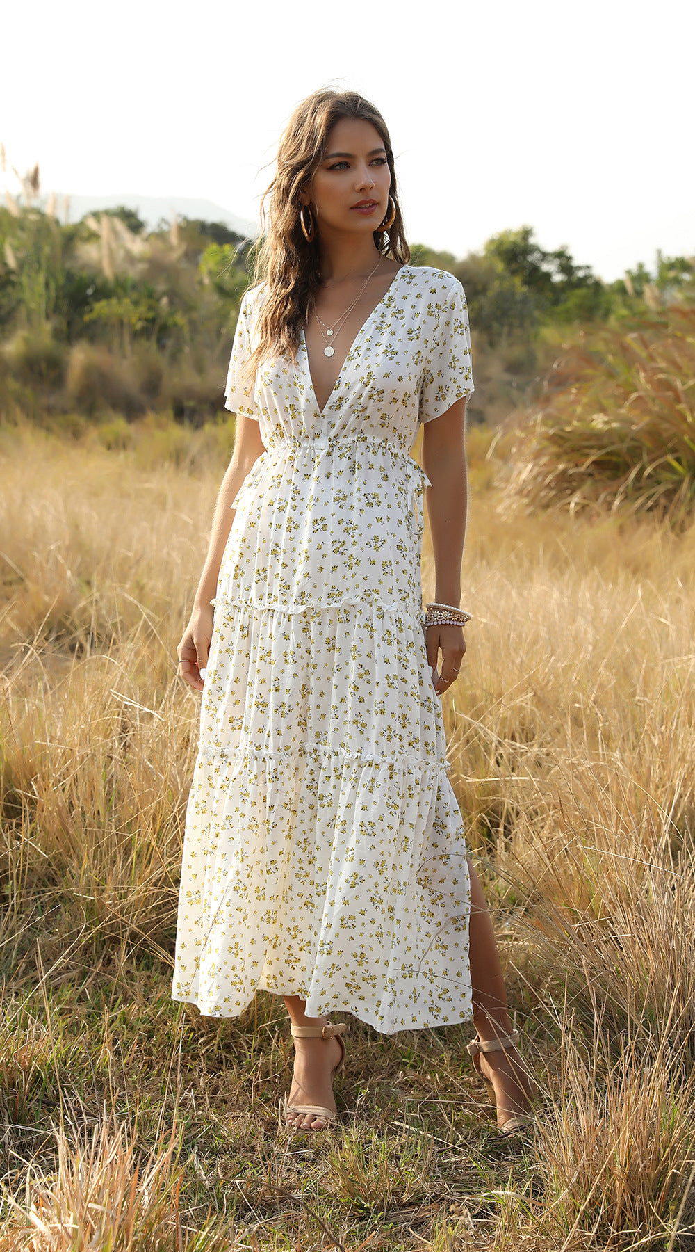 V-neck Floral Ruffles Split Leg Side Maxi Dresses