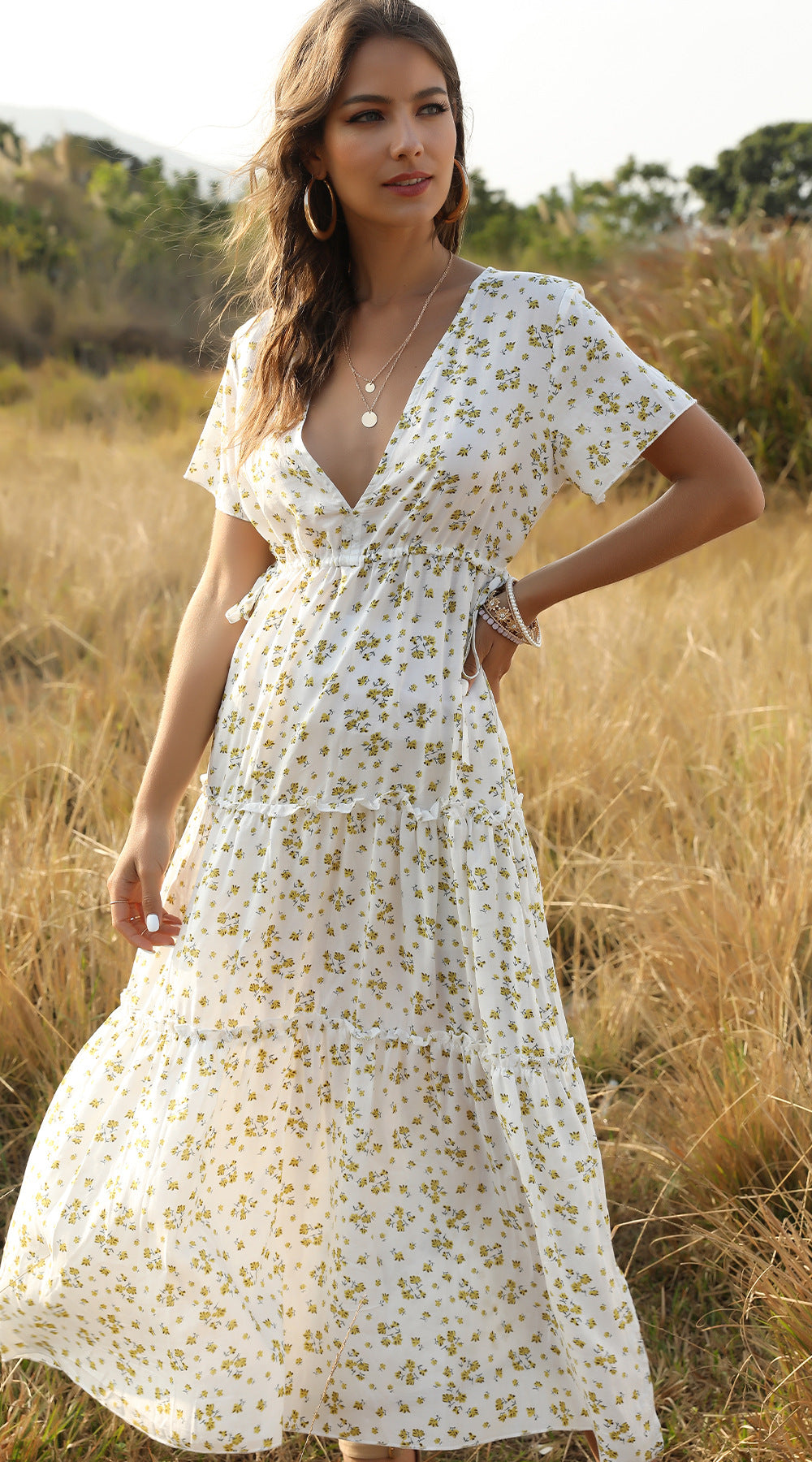 V-neck Floral Ruffles Split Leg Side Maxi Dresses