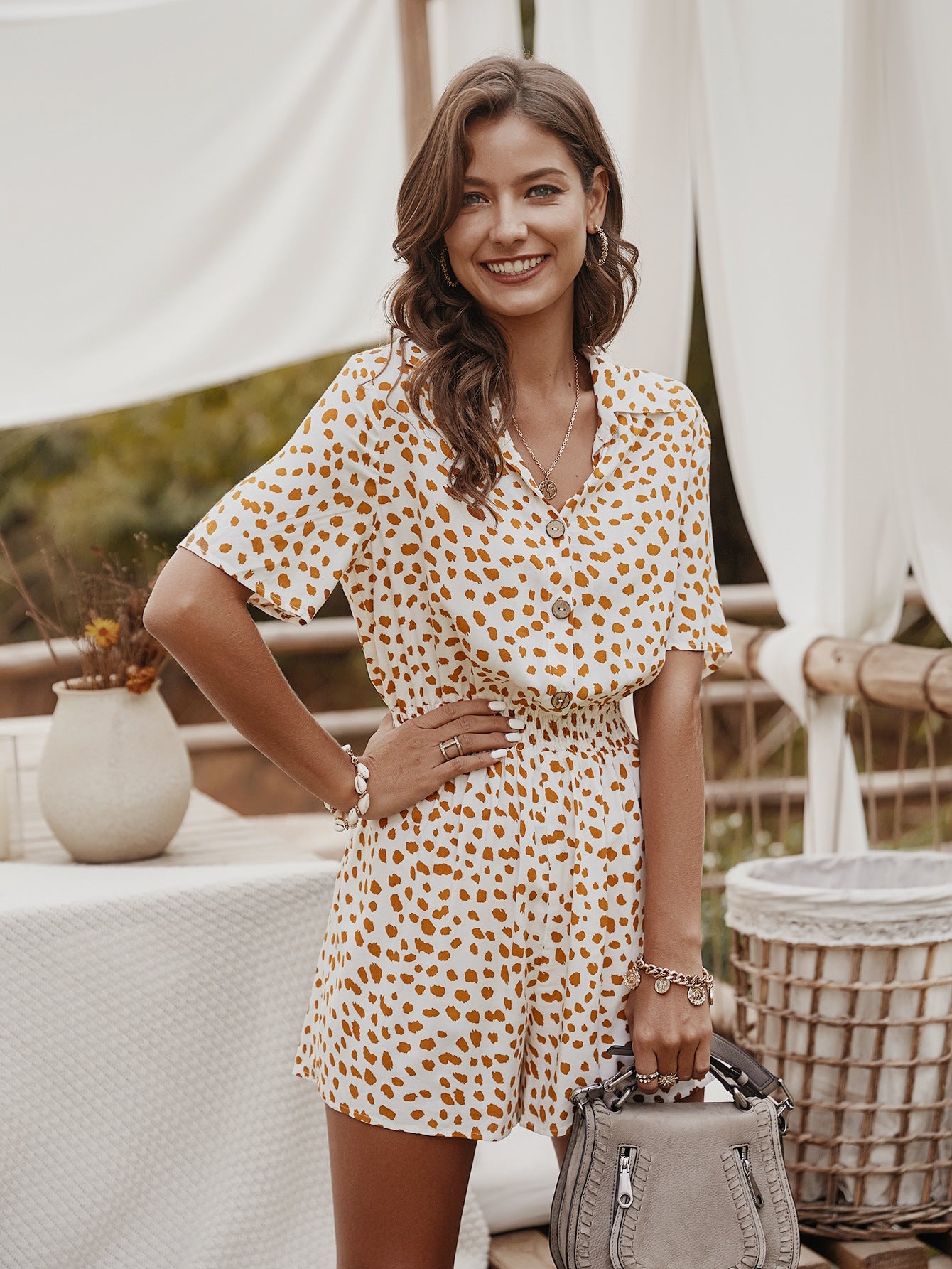 V-neck Single-breasted Printed Jumpsuit Short Sleeve Rompers