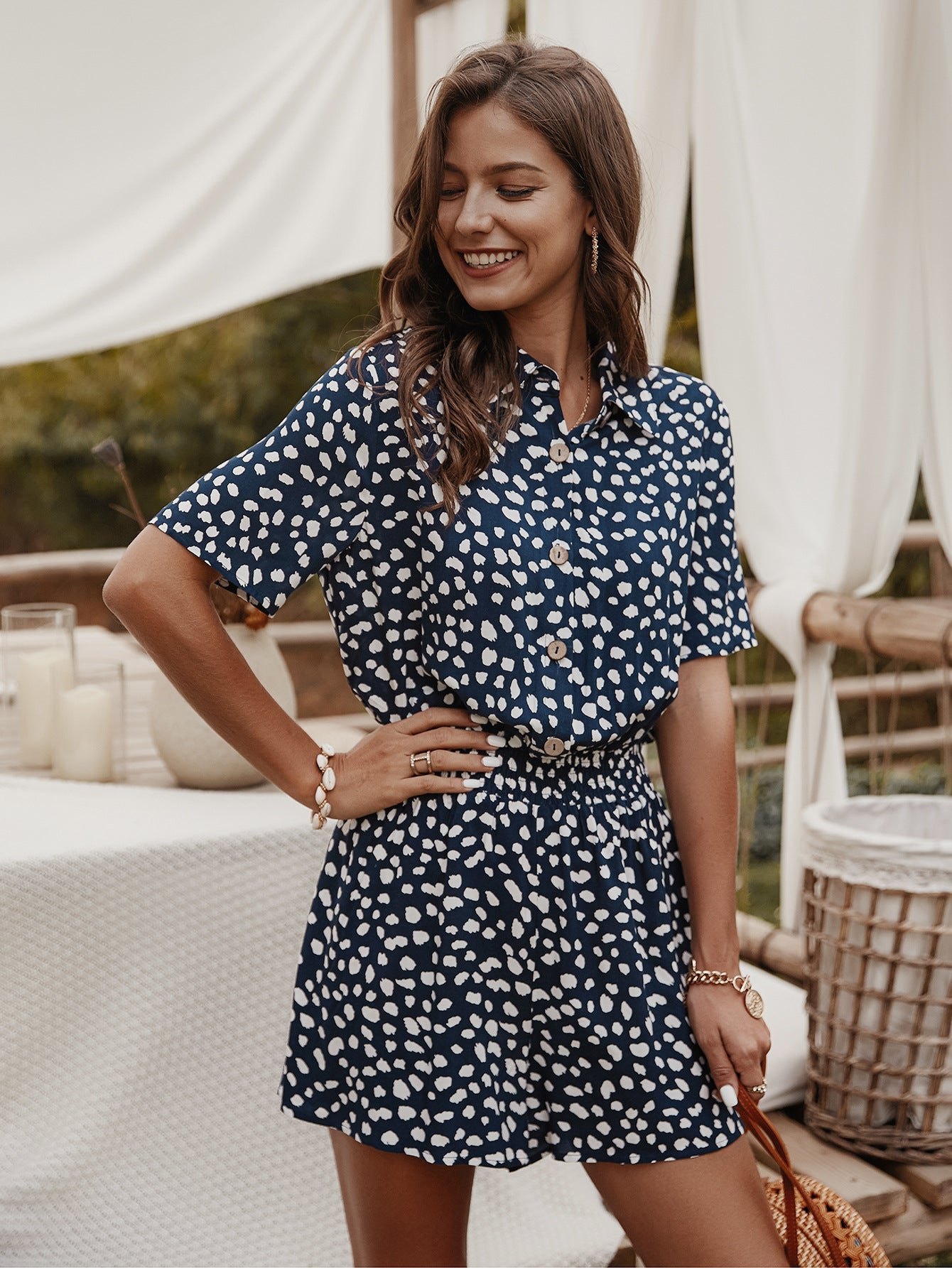 V-neck Single-breasted Printed Jumpsuit Short Sleeve Rompers