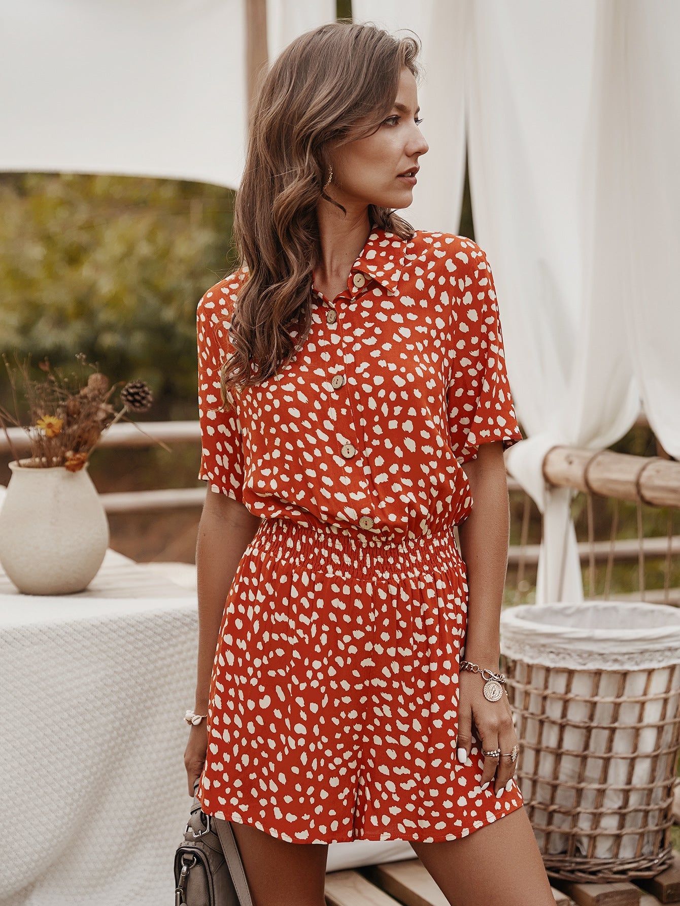 V-neck Single-breasted Printed Jumpsuit Short Sleeve Rompers