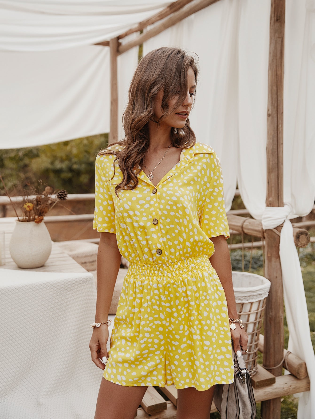 V-neck Single-breasted Printed Jumpsuit Short Sleeve Rompers