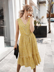 V-neck Button Floral Midi Maxi Dresses