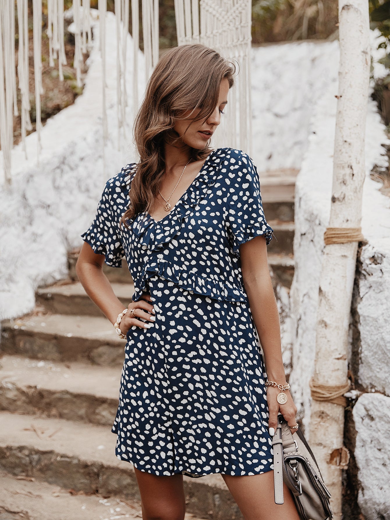 V-neck Printed Floral Jumpsuit Lotus Sleeve Rompers