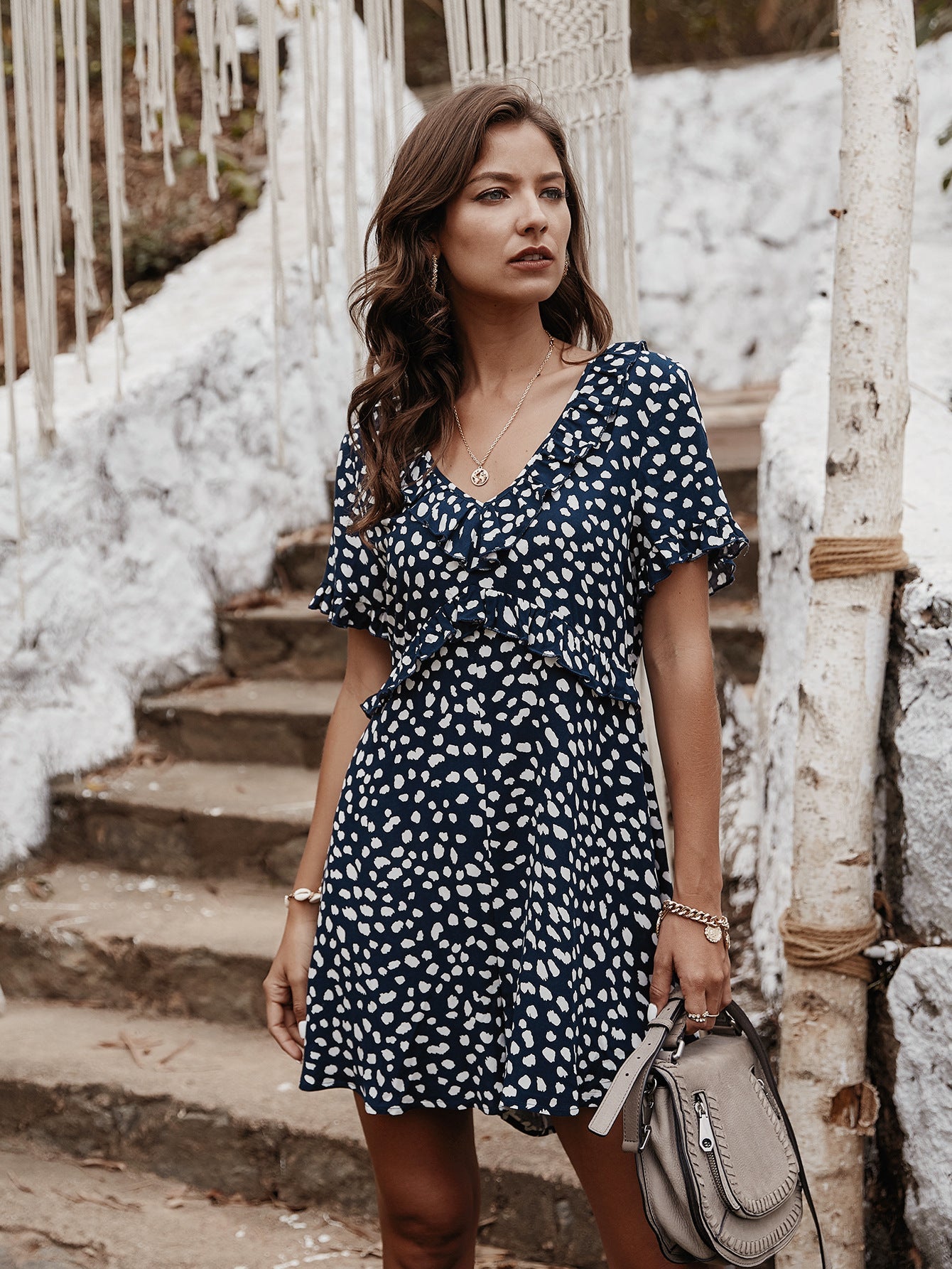 V-neck Printed Floral Jumpsuit Lotus Sleeve Rompers